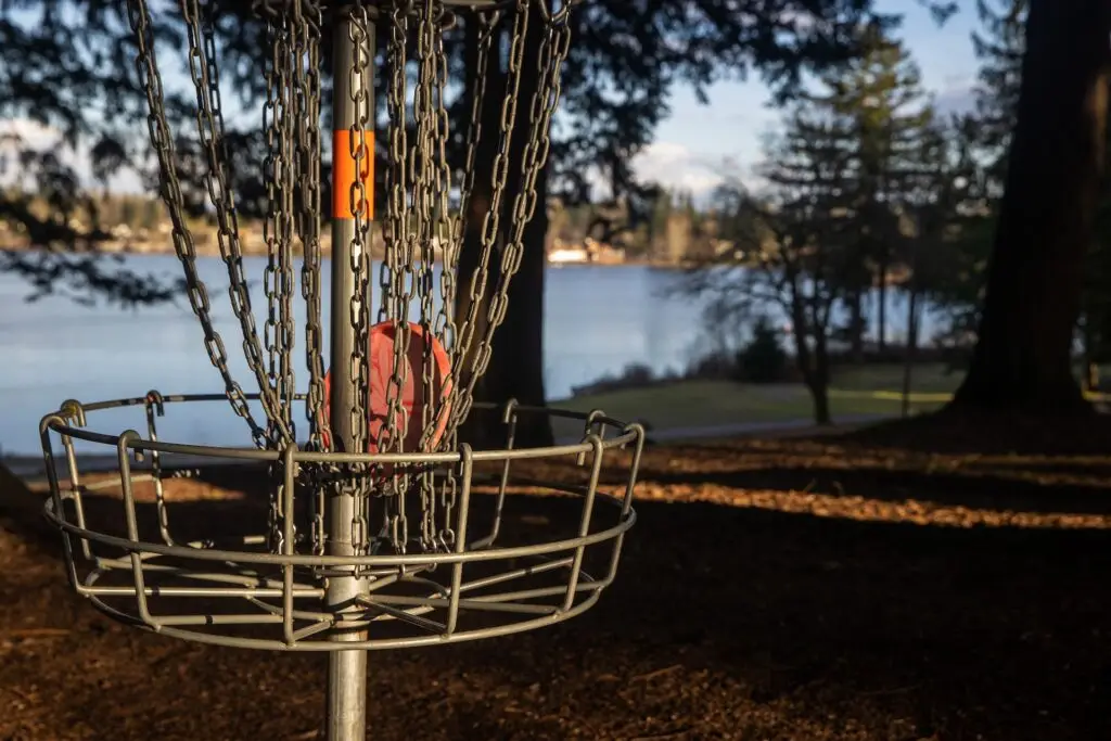 Disc golf basket near a lake