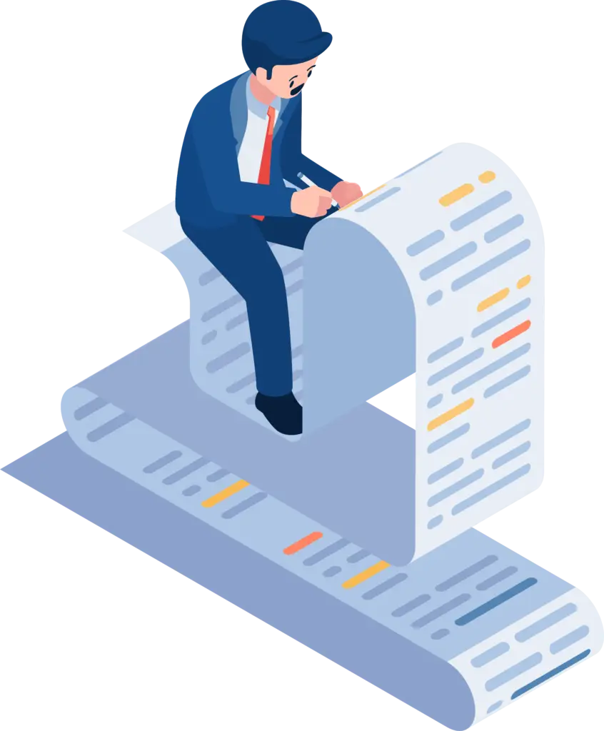 isometric businessman writing on document